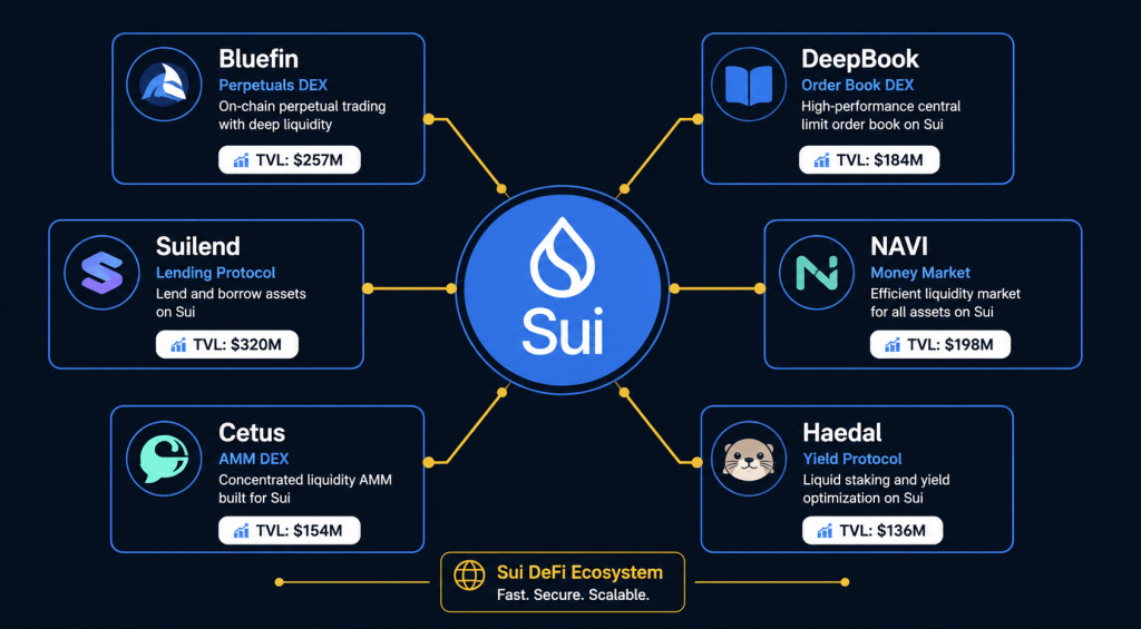 Sui DeFi ecosystem map showing Bluefin, DeepBook, Suilend, NAVI, Cetus and Haedal protocols with TVL data