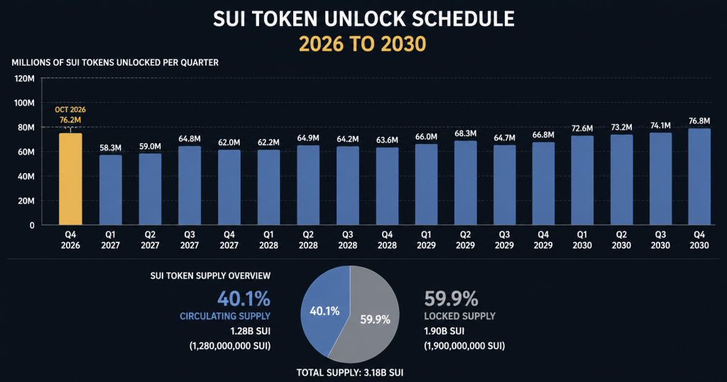 SUI token unlock schedule chart 2026 to 2030 showing circulating supply expansion and key unlock dates