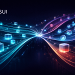 Modern infographic-style illustration of SUI blockchain showing parallel transaction processing, multiple streams of data moving independently, labeled zones for objects and execution layers, clean white or very light background, minimal icons and thin lines, structured layout, soft blue and violet gradients, elegant fintech style, high readability, visually explaining speed and scalability without text clutter
