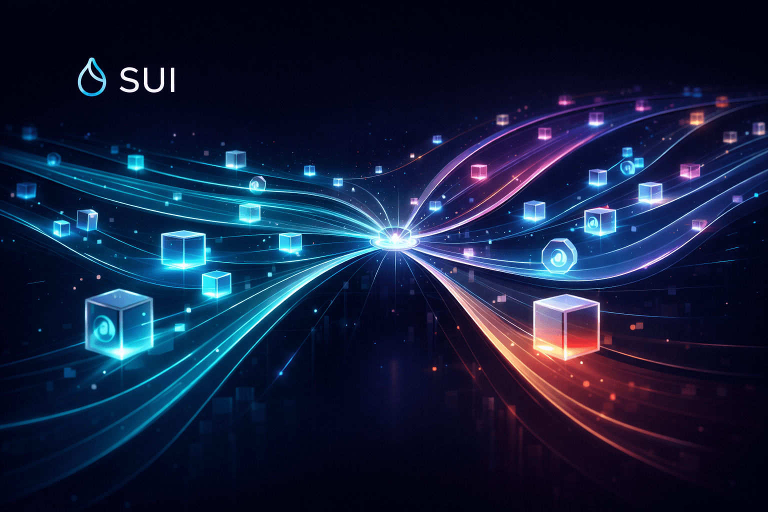 Modern infographic-style illustration of SUI blockchain showing parallel transaction processing, multiple streams of data moving independently, labeled zones for objects and execution layers, clean white or very light background, minimal icons and thin lines, structured layout, soft blue and violet gradients, elegant fintech style, high readability, visually explaining speed and scalability without text clutter